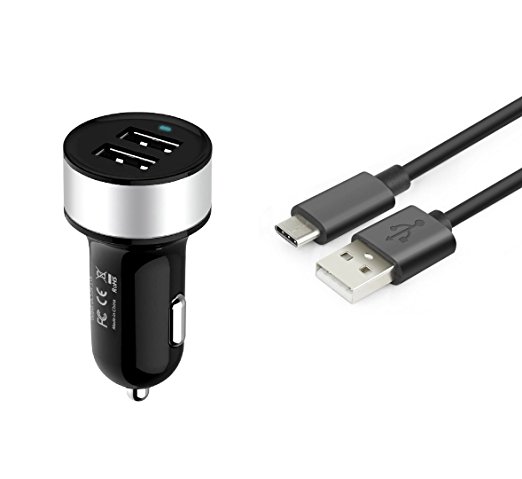 24W 4.8A Universal Dual USB Car Charger and USB Type C (USB-C) to USB 2.0 Charging Sync Cable for Google Pixel, Nexus 5X, 6P, LG V20, G5, HTC 10 and Phones (Car Charger   Type-C Cable)