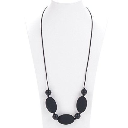 Silicone Teething Necklace - 12 Color Choices - Baby Safe For Mom To Wear - BPA-Free Beads To Chew - Stylish & Natural "Ava" (Black)