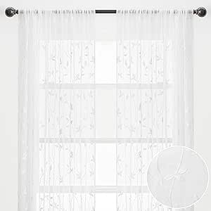 Chanasya Premium Embroidered Vine Curtains - Sheer Curtains for Living Room, Bedroom, Kitchen - 52" x 63" - White, 2 Panels