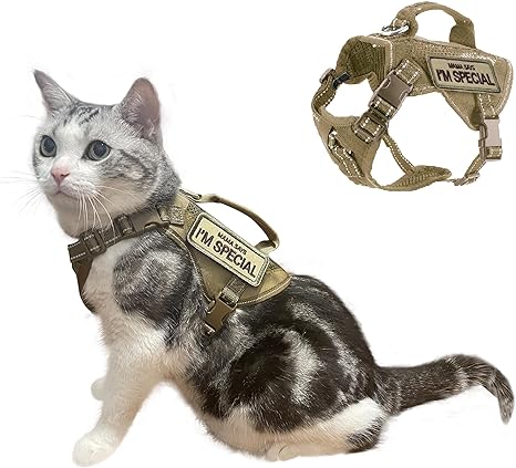 Tactical Cat Harness Khaki Adjustable Soft Padded Training Walking Esacpe Cat Vest Harness No-Pull Pet Harness Reflective with Easy Control Handle L