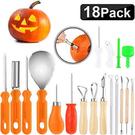 18 Pack Halloween Pumpkin Carving Kit, Includes 8 Pack Stainless Steel Pumpkin Carving Tools, 5 Pack Sturdy Fruit Engrave Tool, 5 Pack Pumpkin Stencil and Carving Set