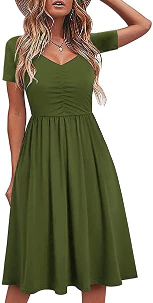 ihot Summer Dresses for Women Casual Midi Dress Short Sleeve Shirt Dress V Neck Swing A Line Tunic Dress with Pockets