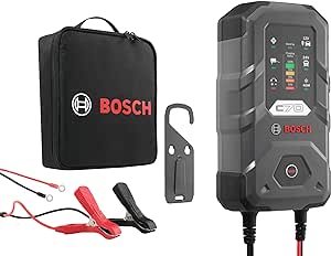 Bosch C70 Chargeur de batterie voiture - 10 ampères avec fonction de maintien, Pour batteries 12V/24V plomb-acide, EFB, GEL, AGM et VRLA, Gris