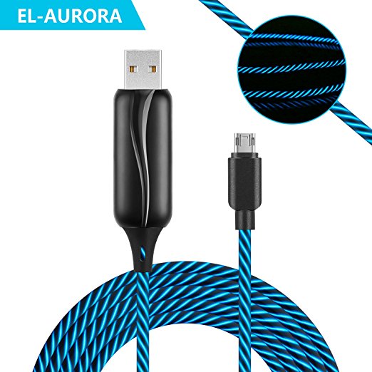 EL-AURORA Micro USB Cable, Updated 3Ft 360 Degree Visible Flowing LED EL Light Up Fast Quick Charger Cable Sync Data Cord Tangle-Free for Samsung, Nexus, LG, Motorola, Android Smartphones and More