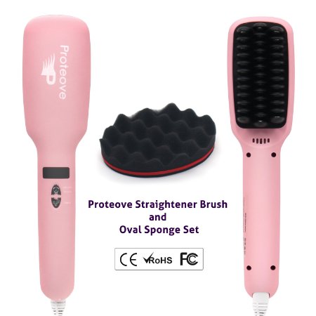 Proteove Hair Straightener Brush with Twist Sponge Assula,Real Anion Hair Straightening Brush,Zero Damage,Instant Silky,450℉ Digital Heating, Professional Hair Styling Comb,Travel Pouch Bonus,Pink