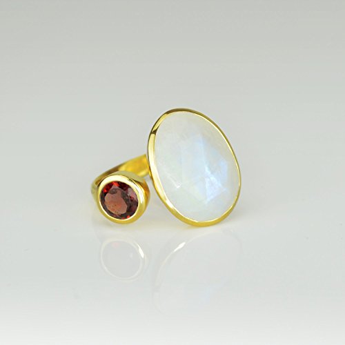 Double Gemstone Ring, Large Oval Rainbow Moonstone with Garnet Quartz Ring, Adjustable Ring, Rainbow Moonstone ring, bezel set ring, Any size Ring, Open Ring