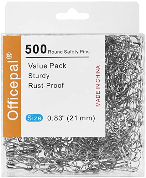 Officepal Bulk Safety Pins for Clothing, Quilting, Crafting – Small 0.83” Stainless Steel Pear Shaped Gourd Pins in Box, 500ct Sewing Supplies（Silver）