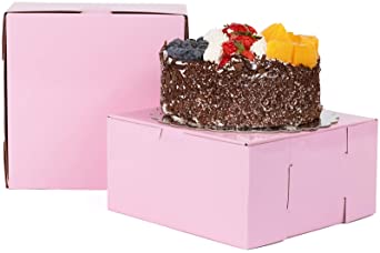 8" X 8" X 4" Corrugated Fiberboard Glossy Pink Cake Box & 8" Scalloped Cake Boards (Pack of 10 – Front Loading)