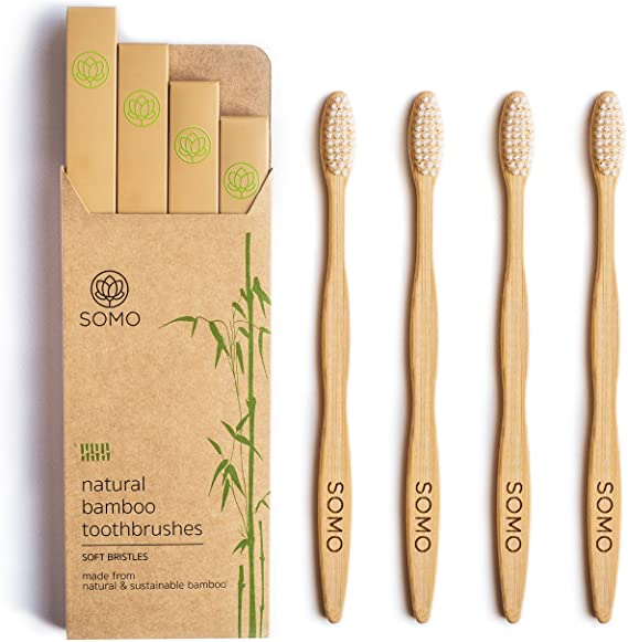Somo Natural Bamboo Toothbrush, Organic Soft BPA Plastic Free Bristles Eco Friendly Biodegradable Wooden Dental Care Sensitive Gums - Pack of 4