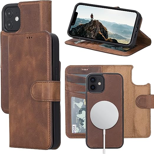 OXA Leather iPhone 12 Mini Case Wallet, iPhone 12 Mini Case with Card Slot, Card Holder Detachable Leather Wallet Case with Kickstand, Shockproof Case Compatible with Magsafe Brown