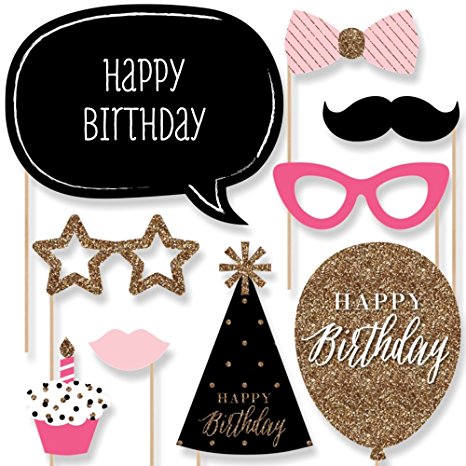 Chic Happy Birthday - Pink, Black and Gold - Birthday Photo Booth Props Kit - 20 Count