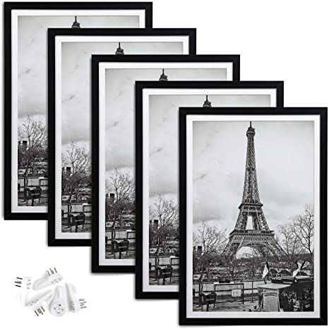 upsimples 12x18 Picture Frame Set of 5,Display Pictures 11x17 with Mat or 12x18 Without Mat,Wall Gallary Photo Frames,Black