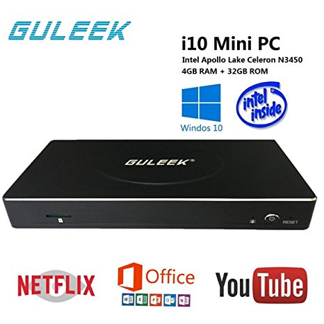 Windows 10 Mini PC Desktop Computer 4k HD Tv Box 64 bit GULEEK i10 Media Player with Intel APOLLO Lake Celeron N3450 4GB DDR3L 32GB Emmc HDMI USB3.1 Type C SSD Support