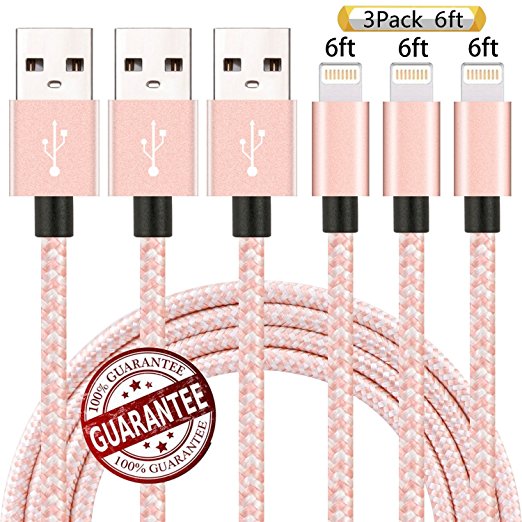 Zcen Lightning Cable, 3Pack 6Ft Nylon Braided Cord iPhone Cable to USB Charging Charger for iPhone 7, Plus, 6, 6S, SE, 5S, 5, 5C, iPad, iPod (Rose Gold)