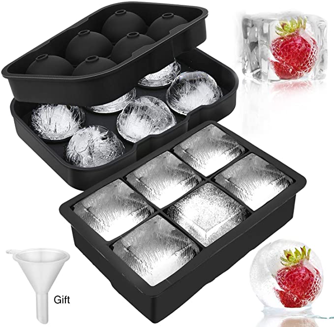 Rechishre Ice Cube Trays Silicone (Set of 2), Sphere Ice Ball Maker with Lid and Large Square Ice Cube Molds for Whiskey and Cocktails & Bourbon, Reusable and BPA Free