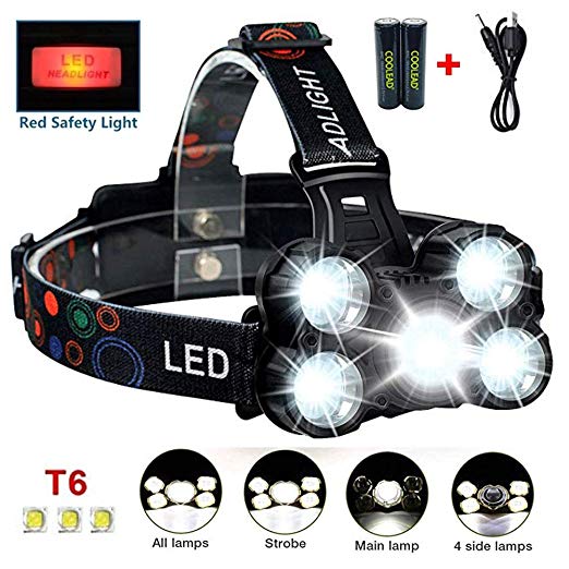 5 LED Ultra Bright 10000 Lumens Headlamp with 2 Powerful Rechargeable Batteries,Zoomable Head Lights Up to 100m with 4 Modes, Waterproof Adjustable Flashlight for Camping (Black)