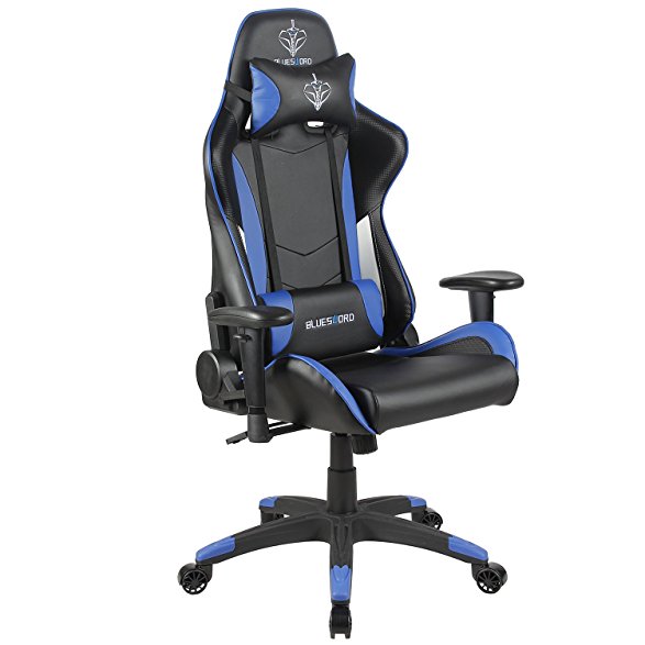 BLUE SWORD Carbon Fiber Gaming Chair Large Size Racing Style High-back Adjustment Office Chair With Lumbar Support and Headrest White&Blue, BS004