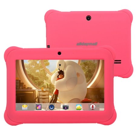 Alldaymall 7 Quad Core Android Tablets for kids with Wi-Fi and Dual Camera 8GB1GB HD Kids Edition w iWawa Pre-Installed Bundle with Pink Kid-Proof Silicone Case