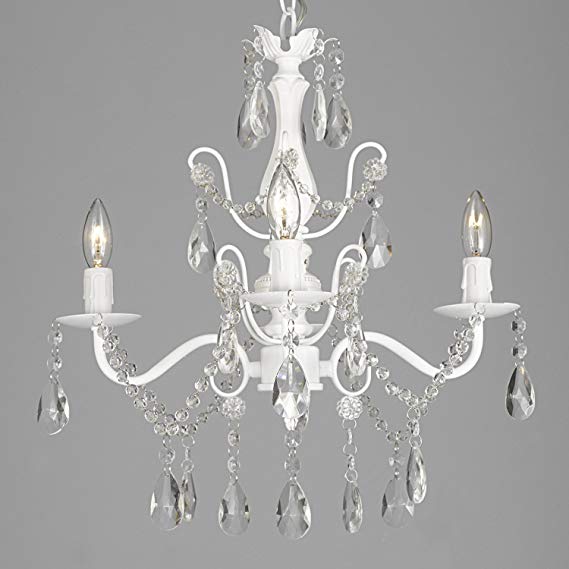 Wrought Iron and Crystal 4 Light White Chandelier H 14" X W 15" Pendant Fixture Lighting Ceiling Lamp Hardwire and Plug In
