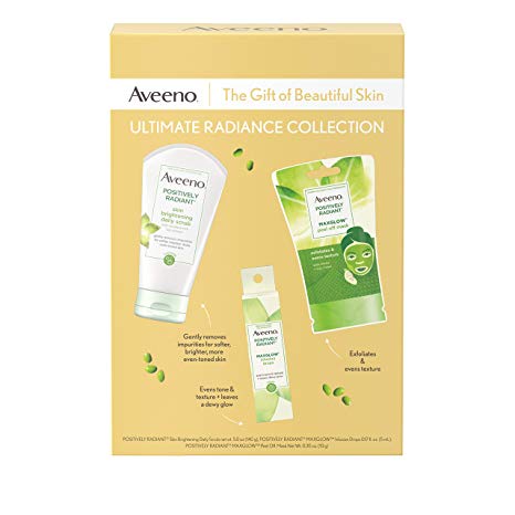 Aveeno Ultimate Radiance Collection Skincare Gift Set with Brightening Daily Face Scrub, Peel-Off Face Mask, and Infusion Drops, Evens Skin Tone for Softer, and Glowing Skin, 3 items