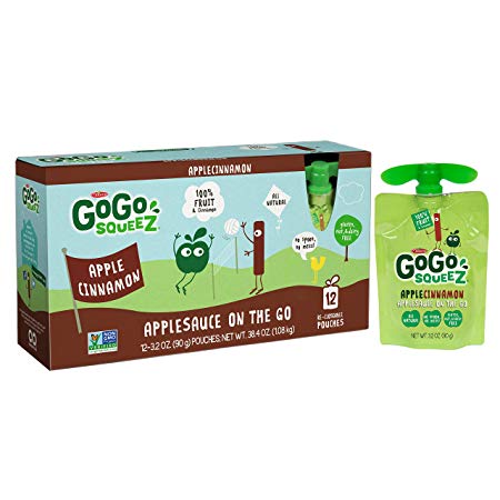 GoGo squeeZ Applesauce on the Go, Apple Cinnamon, 3.2 Ounce Portable BPA-Free Pouches, Gluten-Free, 12 Total Pouches