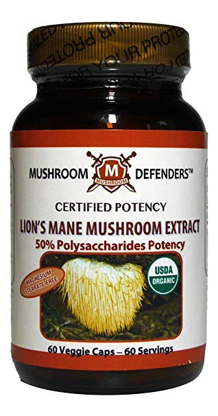 Lion's Mane Mushroom Organic Extract 50% Polysaccharide Potency Mushroom Defenders 60 Veg Cap
