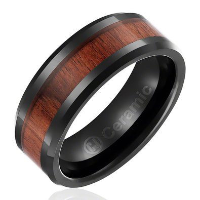 8MM Comfort Fit Jewelry Grade Black Ceramic Wedding Band | Black Engagement Ring with Dark Wood Inlay | Beveled Edges