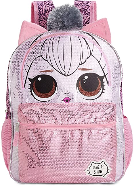 L.O.L. Surprise Kitty Queen Pink/Silver Sequin Backpack with 3D Ears and Pom Pom