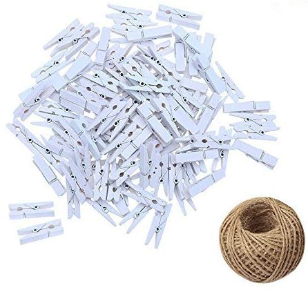 KINGLAKE 100 Pcs 3.5cm White Mini Wooden Clothespins with Spring Photo Paper Peg Pin Craft Clips Wooden Mini Clips with 100 Feet Jute Twine