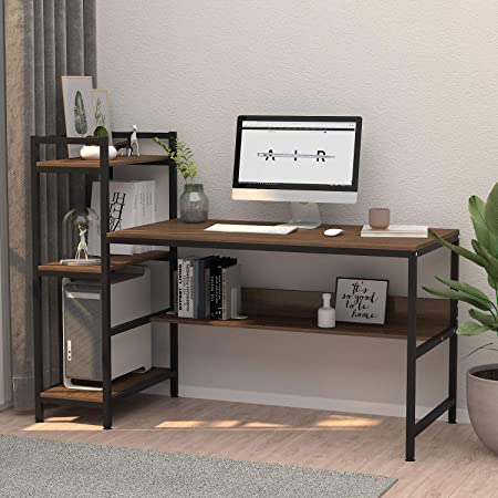 Computer Desk with 4 Tier Storage Shelves - 41.7'' Student Study Table with Bookshelf Modern Wood Desk with Steel Frame for Small Spaces Home Office Workstation Walnut
