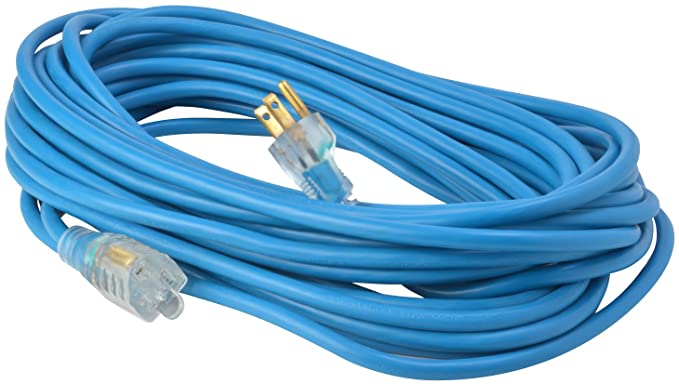 Woods 2435 16/3 Outdoor Cold-Flexible SJTW Extension Cord, Blue with Lighted End, 50-Foot