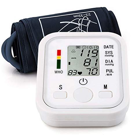 Automatic Arm Blood Pressure Monitor Voice Broadcast High Blood Pressure Monitors Portable LCD Screen Irregular Heartbeat Monitor with Adjustable Cuff and Storage Bag Powered by Battery -White