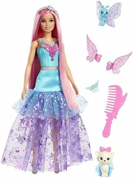 Barbie Doll with Two Fairytale Pets and Fantasy Dress, Barbie “Malibu” Doll from Barbie A Touch of Magic, 7-inch Long Fantasy Hair