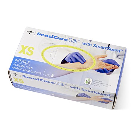 Medline MDS2583H SensiCare Silk Nitrile Exam Gloves with Smartguard Film, X-Small, Blue (Pack of 250)