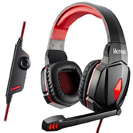 2015 New iKross S4000 Gaming Headphone Headset with Microphone In-Line Volume Control LED Lights for PC Computer Gamers - Black  Red