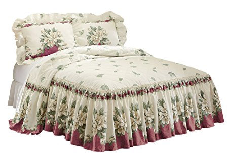 Magnolia Garden Floral Ruffle Skirt Lightweight Bedspread, Burgundy, Queen