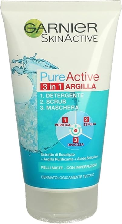 Garnier Pure Active 3 en 1 - Limpiador, exfoliante y mascarilla para pieles grasas o con acné, 150 ml