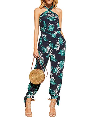 imesrun Womens Summer Print Rompers Halter Neck Split Bow Tie Pants Casual Jumpsuit with Pockets