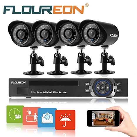 Floureon 8CH 960H Onvif Hybrid CCTV DVR   4 X Outdoor 900TVL Waterproof Bullet Camera Security Kit US(No HDD),(Cloud-Based Remote Access,Smart Motion Detection,Email Alert,Home Security System)