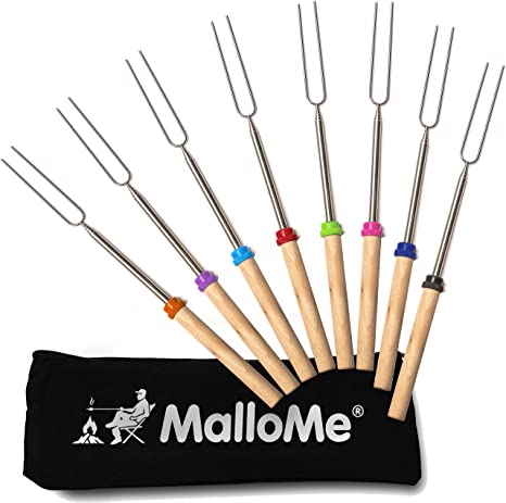 MalloMe Marshmallow Roasting Sticks - Smores Skewers for Fire Pit Kit - Hot Dog Camping Accessories Campfire Marshmellow 32 Inch Long Fork - 8 Pack