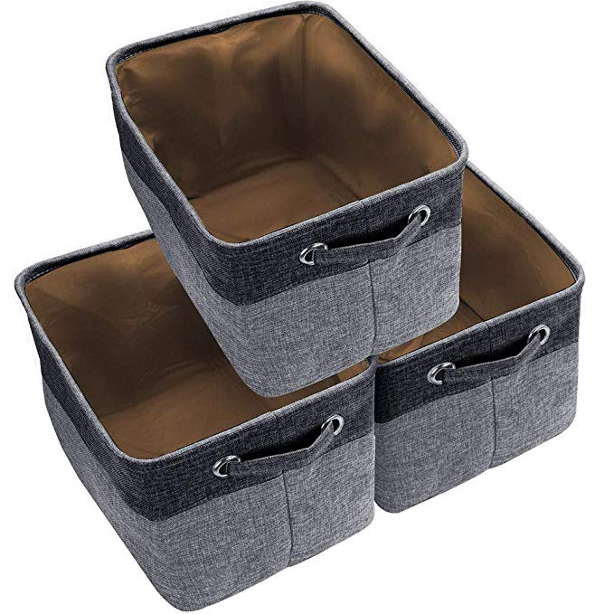 Awekris Large Storage Basket Bin Set [3-Pack] Storage Cube Box Foldable Canvas Fabric Collapsible Organizer with Handles for Home Office Closet, Grey/Tan