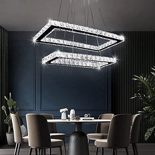 Modern Crystal Chandelier Rectangular Led 2 Rings Ceiling Light Stainless Steel Pendant Chandeliers for Dining Room Living Bedroom(Cool White) Rings-rectangle Cool White 16.93 inch 20.47 inch-C