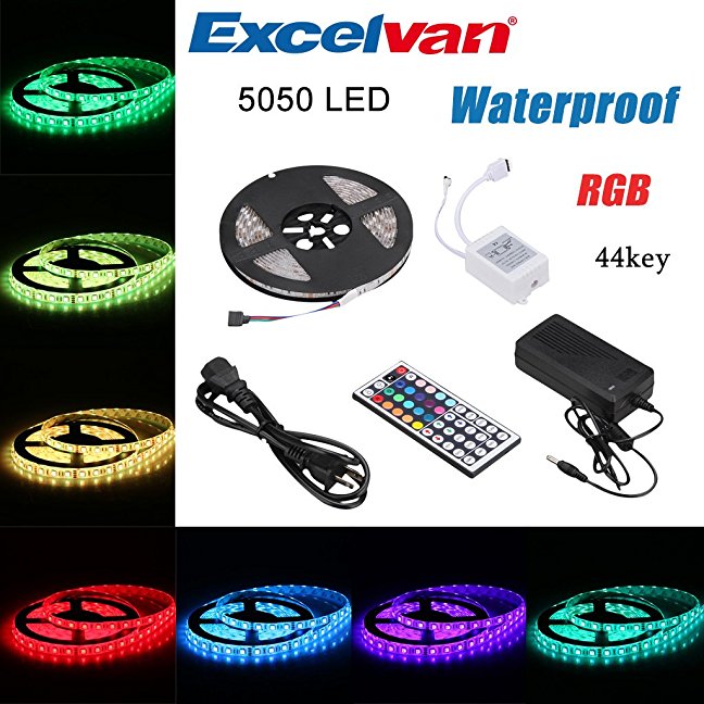 Excelvan LED Light Strip 16.4FT/5M Flexible SMD5050 RGB 300LEDs IP65 Waterproof Multi-color with 44Key IR Remote Control 5A Power Adapter for Festival Party Decoration