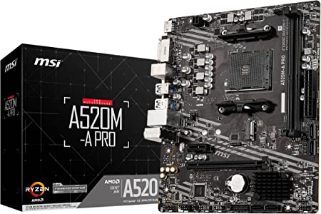 MSI A520M-A PRO Motherboard mATX - Supports AMD Ryzen 3rd Gen Processors, AM4, DDR4 Boost (4600MHz/OC), 1 x PCIe 3.0 x1, 1 x M.2 Gen3 x4, Gigabit LAN