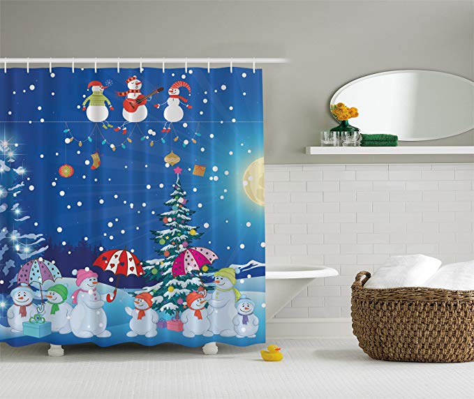 Ambesonne Christmas Snowman Winter Snowkids Snowing Moonlight Snowflakes Digital Print Polyester Fabric Shower Curtain Blue Yellow White Fuchsia Pink Green- Machine Washable 69Wx70L