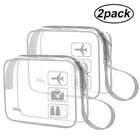 (2 Pack) TSA-Approved Clear Travel Toiletry Bag With Handle Strap, ANRUI Airline Kit 3-1-1 Clear Liquids Toiletries & Cosmetics Organizer Carry-On Luggage for Women and Men (Gray)