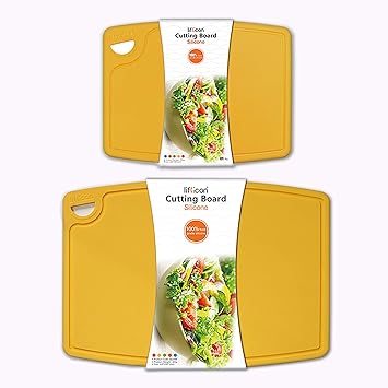 Thick Cutting Boards for Kitchen Silicone Chopping Board Set of 2 Mid 12.6'' x 9.1”,Mini 9.1”x7.1” Non-slip Deep Drip Juice Groove Easy Grip Handle,Dishwasher Safe-Yellow