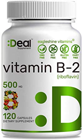 Deal Supplement Vitamin B2 (Riboflavin), 500mg, 120 Capsules, Non-GMO, Made in USA.