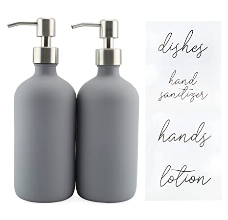 Cornucopia 16oz Gray Pump Bottles (2-Pack); Gray Coated Glass Soap Dispenser Pump Bottles for Lotion, Hand Care & Liquid Soap