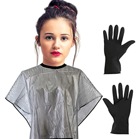 CCbeauty Short Salon Hair Cape and Reusable Gloves Set, Waterproof Capes for Cutting Styling Coloring Shampoo Beauty Makeup Beard Shaving Cloth (Hair Dye Set Gray)
